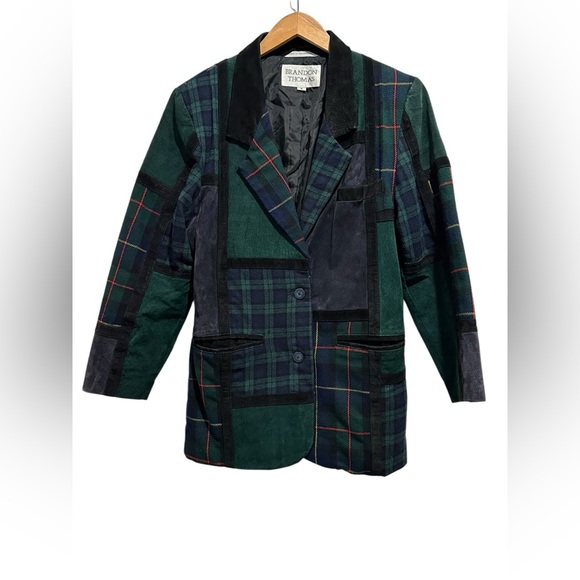 Brandon Thomas Plaid Suede Patchwork Blazer Jacket Green Vintage Womens Small - Picture 4 of 9